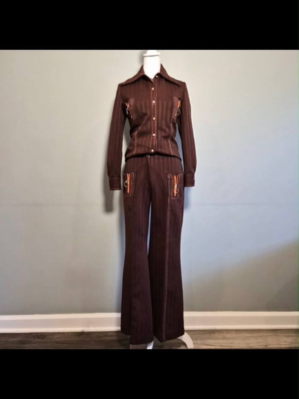 70s Eclectic Grandma Punk Utility Collared Shirt & High Waisted Pants Set US 10
